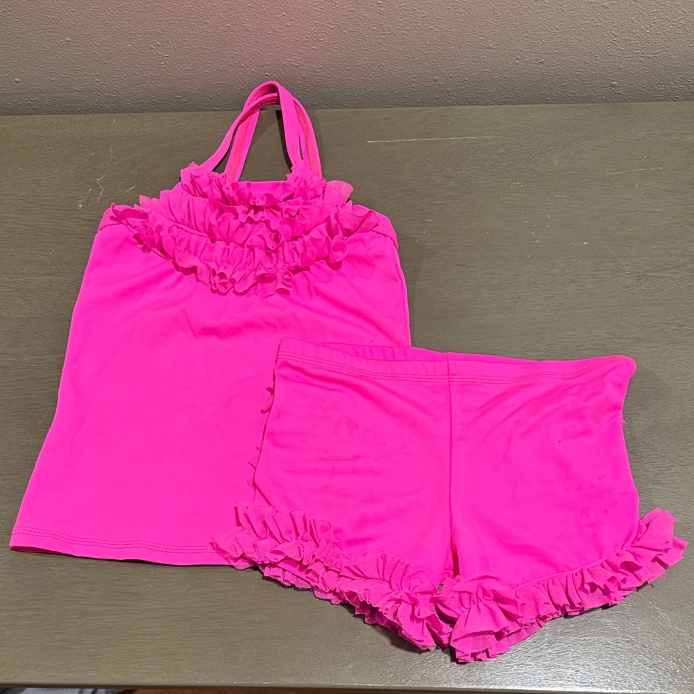 Lexi Luu Kids Tankini set with ruffled back in Hot Pink size L
